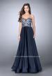 Picture of: Satin A-line Dress with Beaded Lace Top and Open Back in Blue, Style: 23881, Detail Picture 1