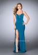Picture of: Long Fitted Jersey Prom Dress with a Lace Up Neckline in Blue, Style: 24170, Detail Picture 1