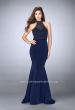Picture of: Jersey Mermaid Gown with a High Neck Beaded Top in Blue, Style: 24266, Detail Picture 2