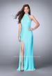 Picture of: Long Jersey Dress with High Neckline and Strappy Back in Blue, Style: 24376, Detail Picture 5