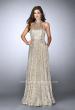 Picture of: Sequin A-line Gown with High Neck and Key Hole Back in Gold, Style: 24584, Detail Picture 4
