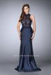 Picture of: High Neck Sheer Lace Dress with Ruffle Back Skirt in Blue, Style: 24651, Detail Picture 2