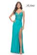 Picture of: Lace Asymmetrical Gown with Jersey Skirt and Twist Knot Detail in Neon in Aqua, Style: 31447, Main Picture