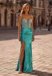 Picture of: Metallic Jersey Dress with Rhinestone Embellished Corset in Aqua , Style 32732, Main Picture
