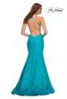 Picture of: Bright Mermaid Lace Gown with Sheer Bodice and Open Back in Blue, Style: 30612, Back Picture
