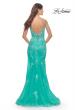 Picture of: Lace Long Dress with High Side Slit and V Neckline in Aqua, Style: 31125, Back Picture