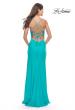 Picture of: Lace Asymmetrical Gown with Jersey Skirt and Twist Knot Detail in Neon in Aqua, Style: 31447, Back Picture
