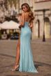 Picture of: Sheer Corset Fitted Gown with Slit and Ruched Detail in Aqua, Style: 33358, Back Picture