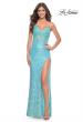 Picture of: Sequin and Beaded Lace Gown with High Slit and Illusion Bodice in Aqua, Style: 32211, Detail Picture 1