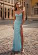 Picture of: Sheer Corset Fitted Gown with Slit and Ruched Detail in Aqua, Style: 33358, Detail Picture 1