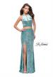 Picture of: Long Velvet Prom Dress with Crop Top and Leg Slit in Aqua, Style: 25500, Detail Picture 3