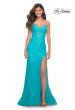 Picture of: Neon Lace Prom Gown With Sheer Bodice and Tie Up Back in Aqua, Detail Picture 6
