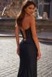 Picture of: Fitted Jersey Dress with Fishnet Rhinestone Illusion Bustier Top in Black, Style: 32230, Back Picture