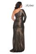 Picture of: One Shoulder Long Sleeve Metallic Plus Size Gown in Black Gold, Style: 28878, Back Picture