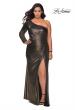 Picture of: One Shoulder Long Sleeve Metallic Plus Size Gown in Black Gold, Style: 28878, Detail Picture 2