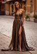 Picture of: Flowy Metallic Net Jersey Prom Dress with Intricate Ruched Bodice in Black Gold, Style: 32899, Main Picture