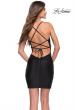 Picture of: Lace Up Back Short Dress with Flattering Ruching in Black, Style 30938, Back Picture