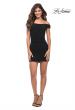Picture of: Ruched Off the Shoulder Jersey Short Dress in Black, Detail Picture 1