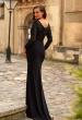 Picture of: Long Sleeve Sheer Net Jersey Gown with Ruching in Black, Style: 33282, Back Picture
