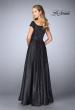 Picture of: Off The Shoulder Jacquard Gown With Small Sleeves in Black, Style: 24859, Back Picture