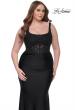 Picture of: Ruched Jersey Plus Dress with Illusion Lace Bodice and Tie Back in Black, Style: 31273, Detail Picture 1
