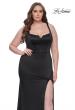 Picture of: Stretch Satin Plus Size Dress with Unique Neckline and Slit in Black, Style: 31266, Detail Picture 3