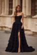 Picture of: Strapless Tiered Ruffle Gown with Pleated Bodice and Front Slit in Black, Style: 33202, Main Picture