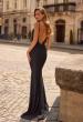 Picture of: Rhinestone Lace Gown with Draped Neckline and Open Back in Black, Style: 33264, Main Picture
