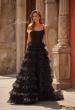 Picture of: Tiered Ruffle Gown with Beaded Bodice and High Slit in Black, Style: 33493, Main Picture