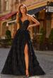 Picture of: Tiered Lace A-Line Gown with Corset Bodice and Slit in Black, Style: 33525, Main Picture
