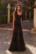 Picture of: Ruched Mesh Gown with Sheer Tiered Skirt and Strappy Back in Black, Style: 33782, Main Picture