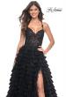 Picture of: Ruffle Tulle Prom Gown with Illusion Lace Bodice and High Slit in Black, Style: 32128, Detail Picture 17
