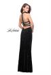 Picture of: Long Strapless Velvet Prom Gown with Cascading Beads in Black, Style: 26239, Back Picture