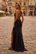 Picture of: Long Jersey Evening Dress with Sheer Rhinestone Top and V Neck in Black , Style 32845, Back Picture