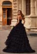 Picture of: Strapless Tiered Ruffle Gown with Pleated Bodice and Front Slit in Black, Style: 33202, Back Picture