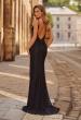 Picture of: Fitted Lace Gown with Plunging Neckline, Ruching, and High Slit in Black, Style: 33293, Back Picture