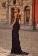 Picture of: Ruched Jersey Gown with Lace-Up Back and High Slit in Black, Style: 33298, Back Picture