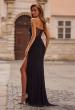 Picture of: Strapless Rhinestone Gown with Sheer Corset Back and High Slit in Black, Style: 33303, Back Picture