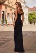 Picture of: Ruched Fitted Gown with Deep Plunge Neckline and Train in Black, Style: 33378, Back Picture