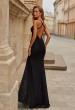 Picture of: Lace Fitted Gown with Slit and Crisscross Open Back in Black, Style: 33381, Back Picture