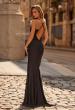 Picture of: Lace Bodice Fitted Gown with Slit and Open Crisscross Back in Black, Style: 33386, Back Picture