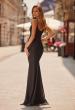 Picture of: Fitted Net Jersey Evening Gown with Ruched Bodice and Spaghetti Straps in Black, Style: 33411, Back Picture