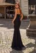 Picture of: Lace Fitted Gown with Ruched Bodice and Sheer Back in Black, Style: 33443, Back Picture