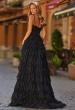 Picture of: Tiered Lace A-Line Gown with Corset Bodice and Slit in Black, Style: 33525, Back Picture