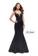 Picture of: Long Mermaid Gown with Sheer Deep V and Beading in Black, Style: 25454, Detail Picture 1