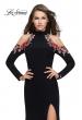 Picture of: Form Fitting Jersey Prom Dress with Floral Applique in Black, Style: 25807, Detail Picture 1