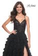 Picture of: Ruffle A-Line Dress with Ruched Bodice and Sequin Lace Applique in Black, Style: 32108, Detail Picture 1