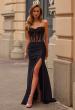 Picture of: Strapless Lace Applique Corset Gown with High Slit in Black, Style: 33399, Detail Picture 1