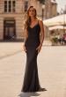 Picture of: Fitted Net Jersey Evening Gown with Ruched Bodice and Spaghetti Straps in Black, Style: 33411, Detail Picture 1