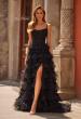 Picture of: Tiered Ruffle Gown with Beaded Bodice and High Slit in Black, Style: 33493, Detail Picture 1